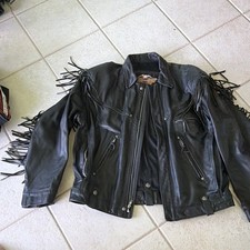 Harley-Davidson Men’s L Black Leather Fringe Biker Jacket Zip Front Pockets Motorcycle Jackets price