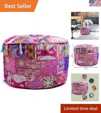 Traditional Indian Cotton Pouffe Cover – Ethnic Embroidered, Pink Round Design Pouf price