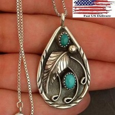 Tibetan Silver Plated Blue Turquoise Chain Crystal Pendant Necklace C10 Costume Necklace price