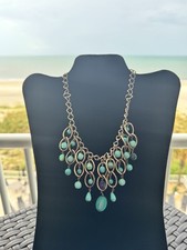 Silver Tone Blue Beaded Statement Bib Necklace Link Chain Oval Bezel Set Costume Necklace price