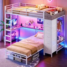 Bunk Bed Twin Over Twin with Storage Hall Tree, Charging Station and LED Lights Bunk Bed price
