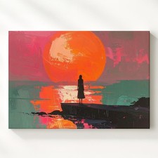 Fiery Sunset Reflection Canvasbold Impressionist Landscape With Silhouetted Canvas Painting price