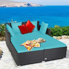 Patiojoy Outdoor Patio Rattan Daybed Pillows Cushioned Sofa Garden Turquoise Garden Daybed price