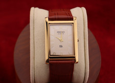⌚✨ Vintage Seiko Slim Quartz Gentlemen's Gold Dial ,Light Brown Dress Watch Wristwatches price