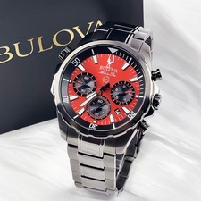 Bulova Marine Star 98B350 Men's Chronograph Quartz Watch Red Dial Stainless 43mm Wristwatches price