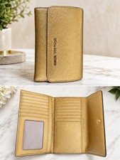 Michael Kors Gold Leather Trifold Wallet Card Holder Snap Closure Excellent Co Women's Card Holder price