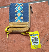Wrangler Zip-Around Card Wallet Blue Tan Western Aztec Geometric Zipper Women's Card Holder price