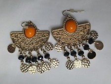 Gold Tone Dangle Drop Earrings Orange Oval Bezel Cabochon Black Beads 2" Gold Earrings price