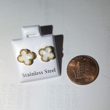 Gold White Clover Stud Earrings Stainless Steel Gold Tone Butterfly Back Closure Gold Earrings price