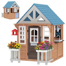 Qaba Outdoor Wooden Kids Playhouse Play Kitchen Doorbell Garden Toys, Brown Outdoor & Garden Toys price