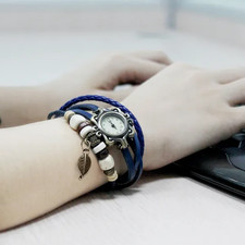 Bohemian Women's Leather Watch Retro Handmade Tree Leaf Blue Quartz Wristwatch Watch and Bracelet Accessory price