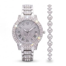 [US STOCK] Luxury Crystal Women Watch Bracelet Set Iced Out Diamond Quartz Gift Watch and Bracelet Accessory price