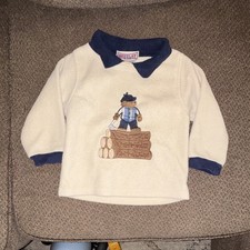 Wee Play Boys 2T White/Blue Collared Fleece Pullover Sweatshirt Bear Baby Sweatshirt price