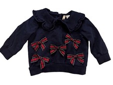 Janie and Jack Navy Collared Knit Pullover Sweatshirt Plaid Bow 6-12 Months Baby Sweatshirt price