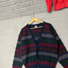Vintage Edison Knitwear Mens Striped Cardigan Sweater Navy Green Burgundy Medium Men's Sweater & Cardigan & Knitwear price