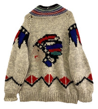 Kanata Cowichan Indian Chief Head Knit Jacket Maple Wood Button Vintage Grey XL Men's Sweater & Cardigan & Knitwear price
