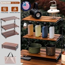 3 Tier Foldable Wood Camping Shelf Rack Portable Kitchen Storage Organizer Table Camping Kitchen price