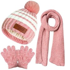 Kids Toddlers Winter Hats Stripes Beanie Gloves Neck Warmer Long Scarf Pink Baby Gloves & Scarf price