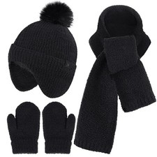 Toddler Kids Winter Hats Mittens Gloves Scarf Warm Ear Flaps One Size Black Baby Gloves & Scarf price