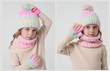 Toddler Girl Rainbow Knit Hat Scarf Gloves Set Warm Winter Beanie 3PCS Baby Gloves & Scarf price