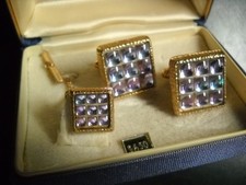 Anson Cuff Links and Tie Tack Stained Glass Square Gold Colored Metal Surrounds Cufflinks price