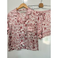 Haute Hippie Style Womens Pink Floral Satin Pajama Set Shirt and Shorts Size L Nightgown & Pajamas price
