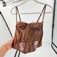 Brown Lace Mesh Underwire Corset Top Boned Bustier Hook Eye Back Corset price