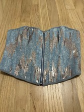 Blue Denim Look Sequin Corset Top Rose Gold Sparkle Lace Up Back Medium Corset price