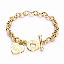 Gold Silver Stainless Steel Heart Charm Link Chain Flower Toggle Bracelet 7" AC Steel Bracelet price