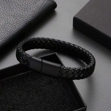 Men’s Genuine Leather Braided Bracelet Black Bangle with Stainless Steel Clasp P Steel Bracelet price
