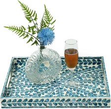 Serving Tray 15.7" X11.8", Lacquer Mother of Pearl Inlay Mosaic Tray (Blue) Serving Tray price