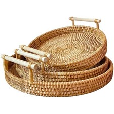 3 Pcs Natural Hand Woven Rattan Serving Tray Round Food Storage Vintage Decor Serving Tray price