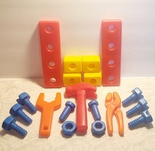 Vtg Tinkertoy Workbench Tool Bench Lot Plastic Tools Screws Nails Nuts 19 Pieces Screws, Nails, Nuts price