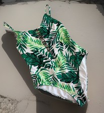 One Piece Swimsuit Womens Medium Green Tropical Leaf Print Lace Up Strappy Lined Swimsuit price