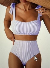Women’s lavender and white Striped 2-Piece Bikini Top and High-Waist Bottom Swimsuit price
