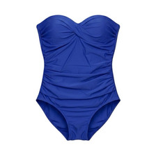 Women’s Blue Strapless Ruched Bandeau One-Piece Swimsuit, Solid, Size 14 Swimsuit price