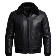 Men's Black Real Cowhide Leather Bomber Jacket Classic Shearling Collar Coat Men's Overcoat price