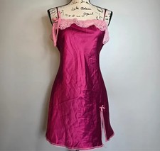 READ! Vintage Victorias Secret Pink Satin Lace Trim Bow Coquette Slip Dress Women's Nightgown and Robe price