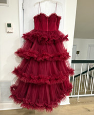 SharonSaid Red Tulle Corset Lace-Up Ruffle Layered Sweetheart Long Gown 8 Women's Nightgown and Robe price