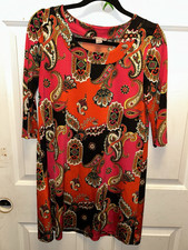Women’s L Red/Black/Gold Paisley Round Neck 3/4 Sleeve Knit Stretch Tunic Top Tunic price