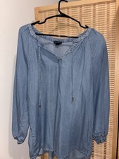 New Directions Blue Chambray Embroidered V-Neck Tunic Blouse 3/4 Sleeve Tunic price