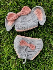 Crochet Elephant Hat & Diaper Cover 2pc Set Gray Pink Handmade Bow Button Baby Clothing Set price