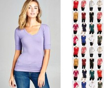 Women Basic V-NECK Elbow SHORT Sleeve T Shirt Top Cotton Stretch REG N PLUS S-3X Women's Shirt price