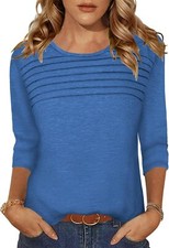 Pleated 3/4 Sleeve Womens Blouse Crew Neck Lightweight Casual Top S-XXL Summer Women's Shirt price