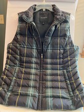 Talbots Women's Tartan Plaid Puffer Vest Size L Black Green Zip Front Quilted Women's Vest price