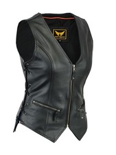 Womens Motorcycle Leather Vest Genuine Cowhide Leather Black Concealed Carry Women's Vest price