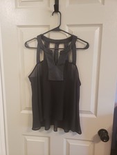 Material Girl Women's Sleeveless Top Black Faux Leather Trim Size Large Semi... Girls' Blouse price