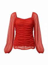 Red Mesh Cropped Blouse Square Neck Balloon Sleeve Ruffle Girls'  Top Girls' Blouse price