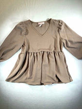 Sweet Adelyn  Griege Solid V-Neck Long Sleeve Smocked Ruffle Peplum Blouse S Girls' Blouse price