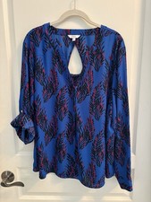 Candies Top 2X Womens V-Neck, Roll Tab Sleeves, Blue w/black & Pink Plant Design Girls' Blouse price